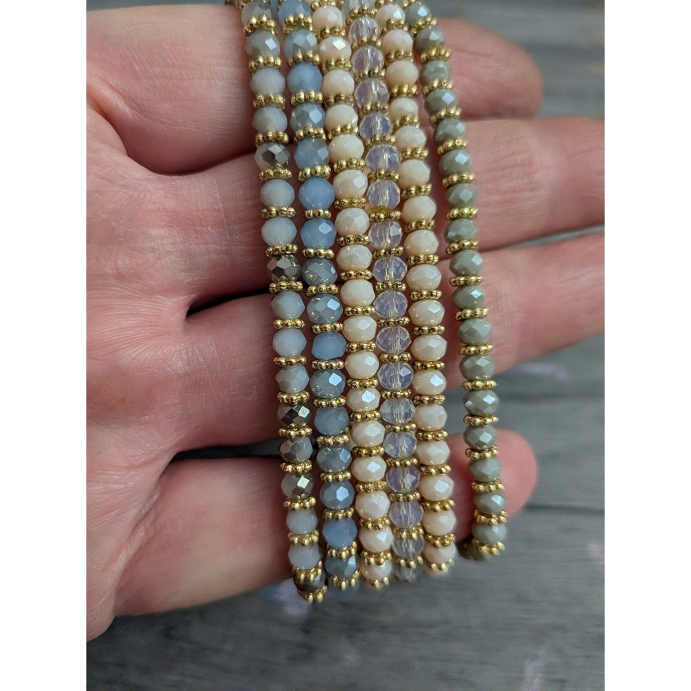 Beaded Stretch Bracelet Set Stackable Gold Tone Neutral Blue Champagne Boho